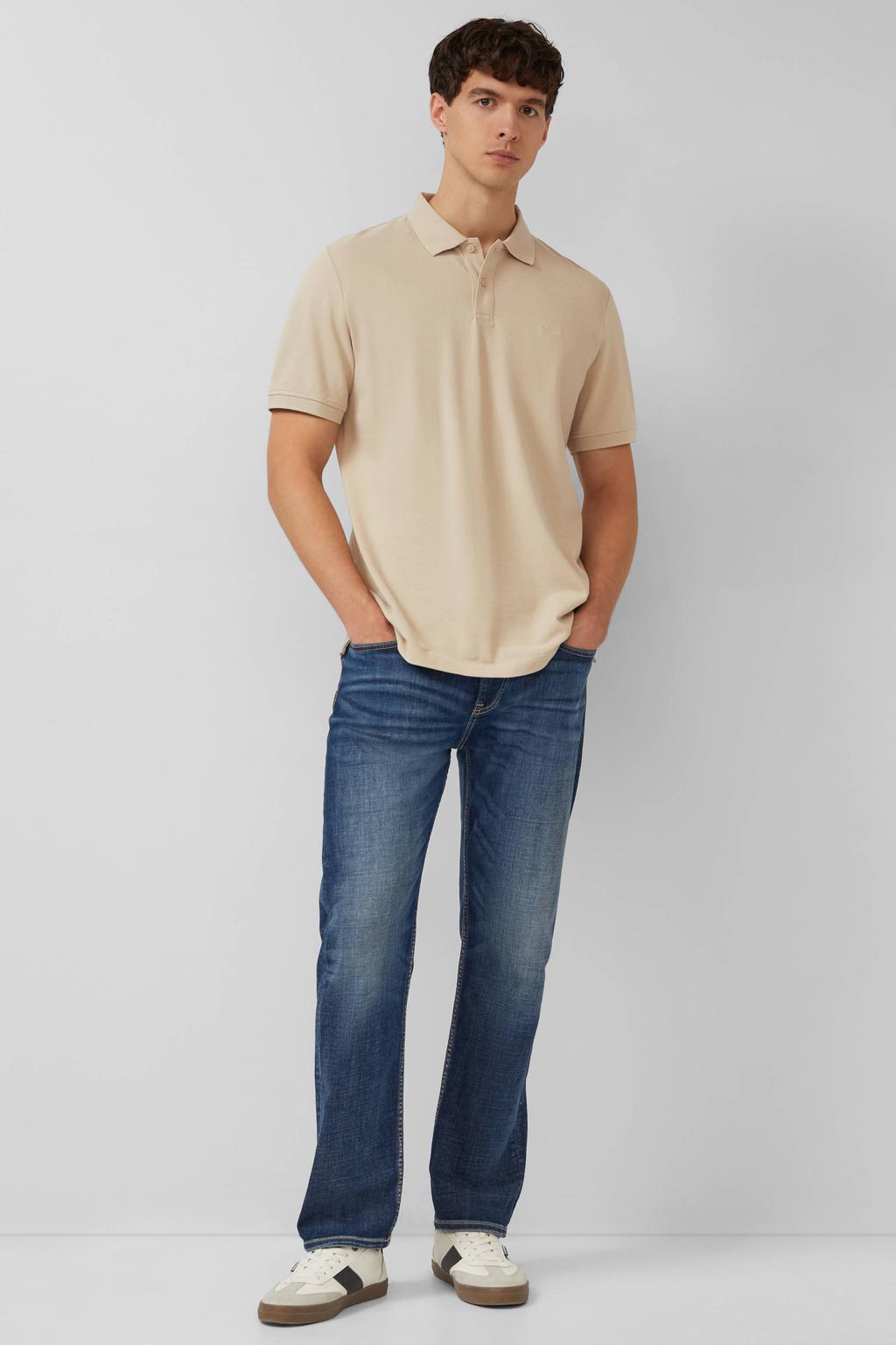 Beige heren s.Oliver regular polo van katoen met effen, korte mouwen, knoopsluiting en pique