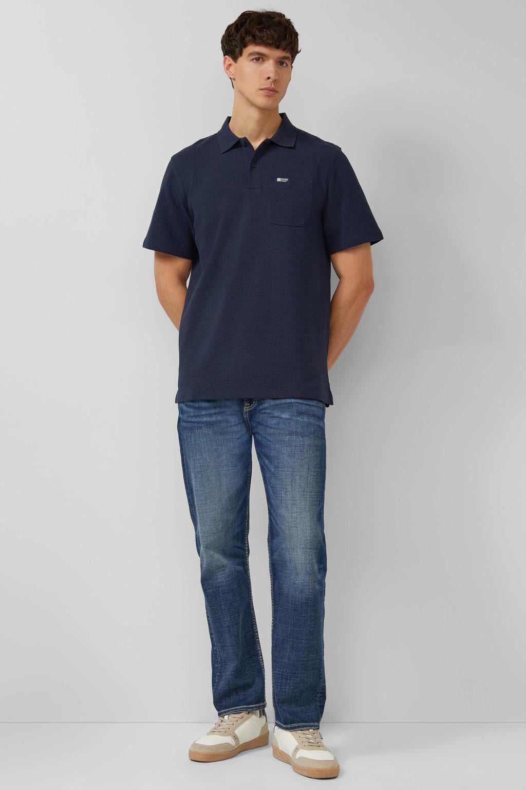 Donkerblauwe heren s.Oliver relaxed polo van katoen met effen, korte mouwen en knoopsluiting