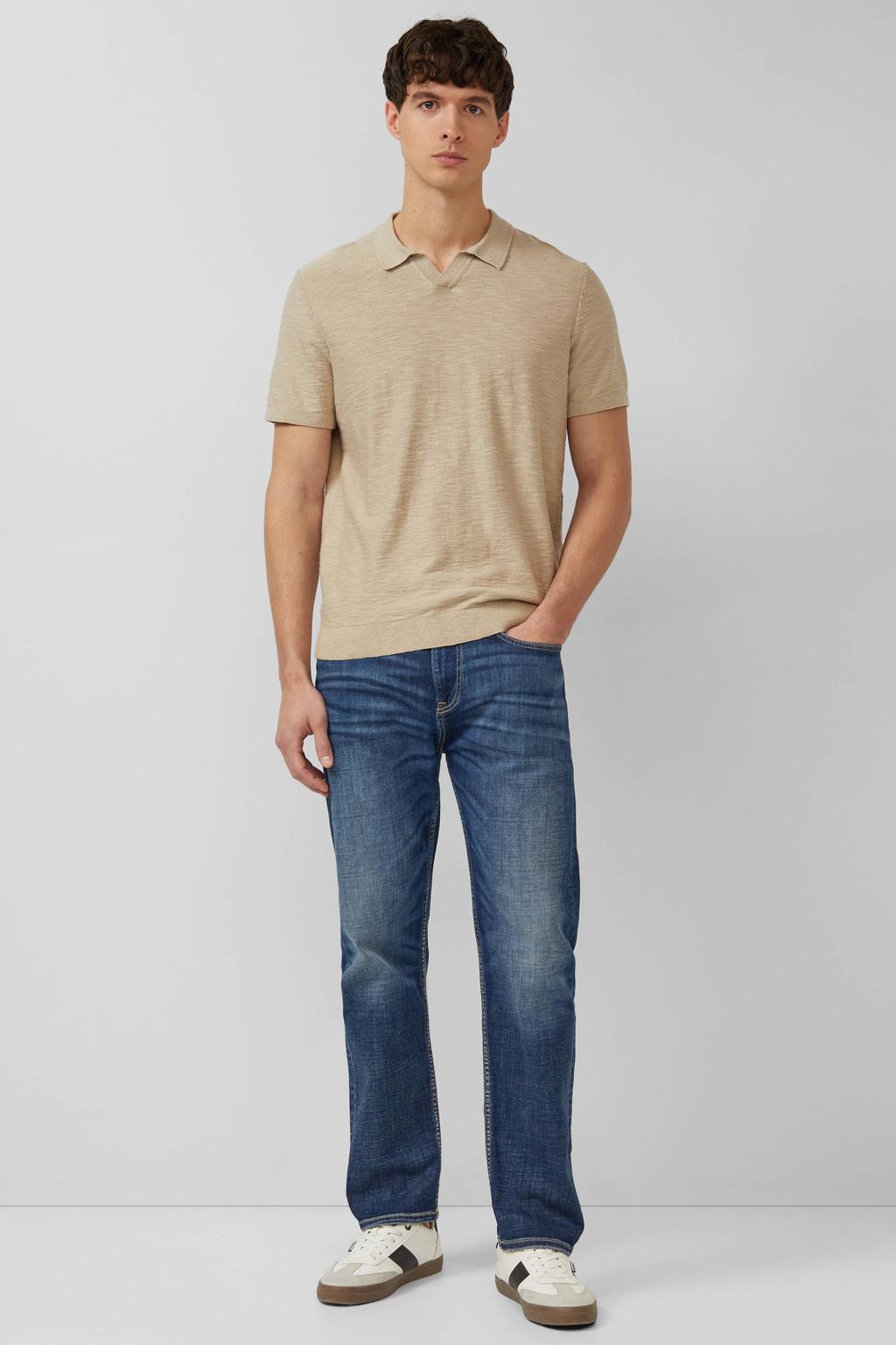 Beige heren s.Oliver regular polo van katoen met effen, korte mouwen en geribde boorden