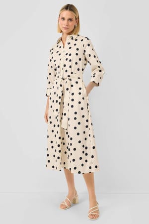 midi blousejurk met ceintuur en stip ecru
