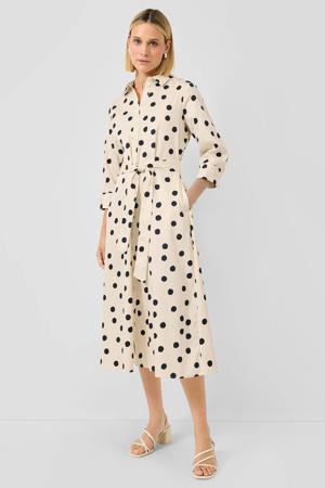 midi blousejurk met ceintuur en stip ecru