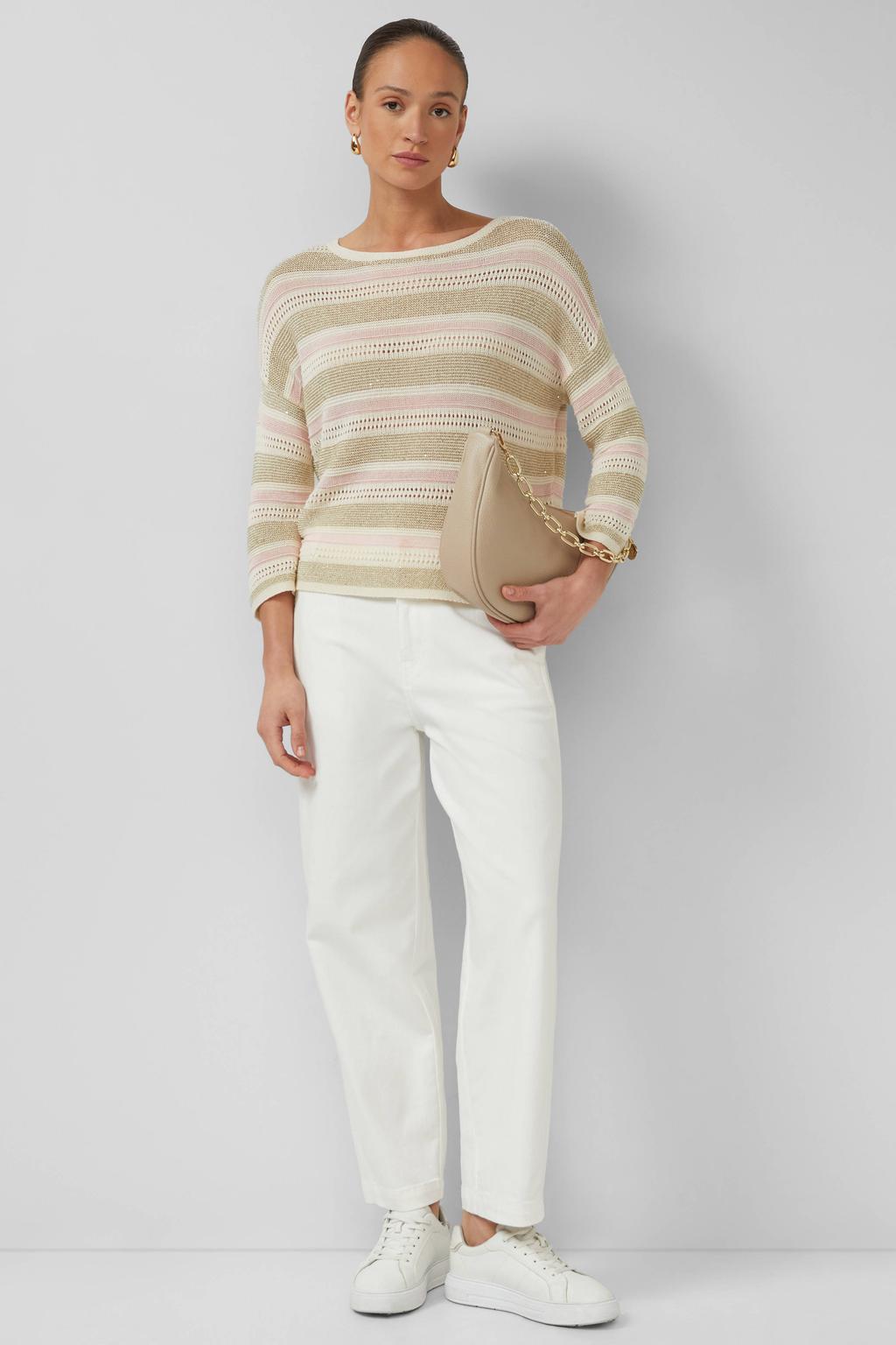 Beige en lichtroze dames s.Oliver BLACK LABEL gestreepte trui patroon met lange mouwen en boothals