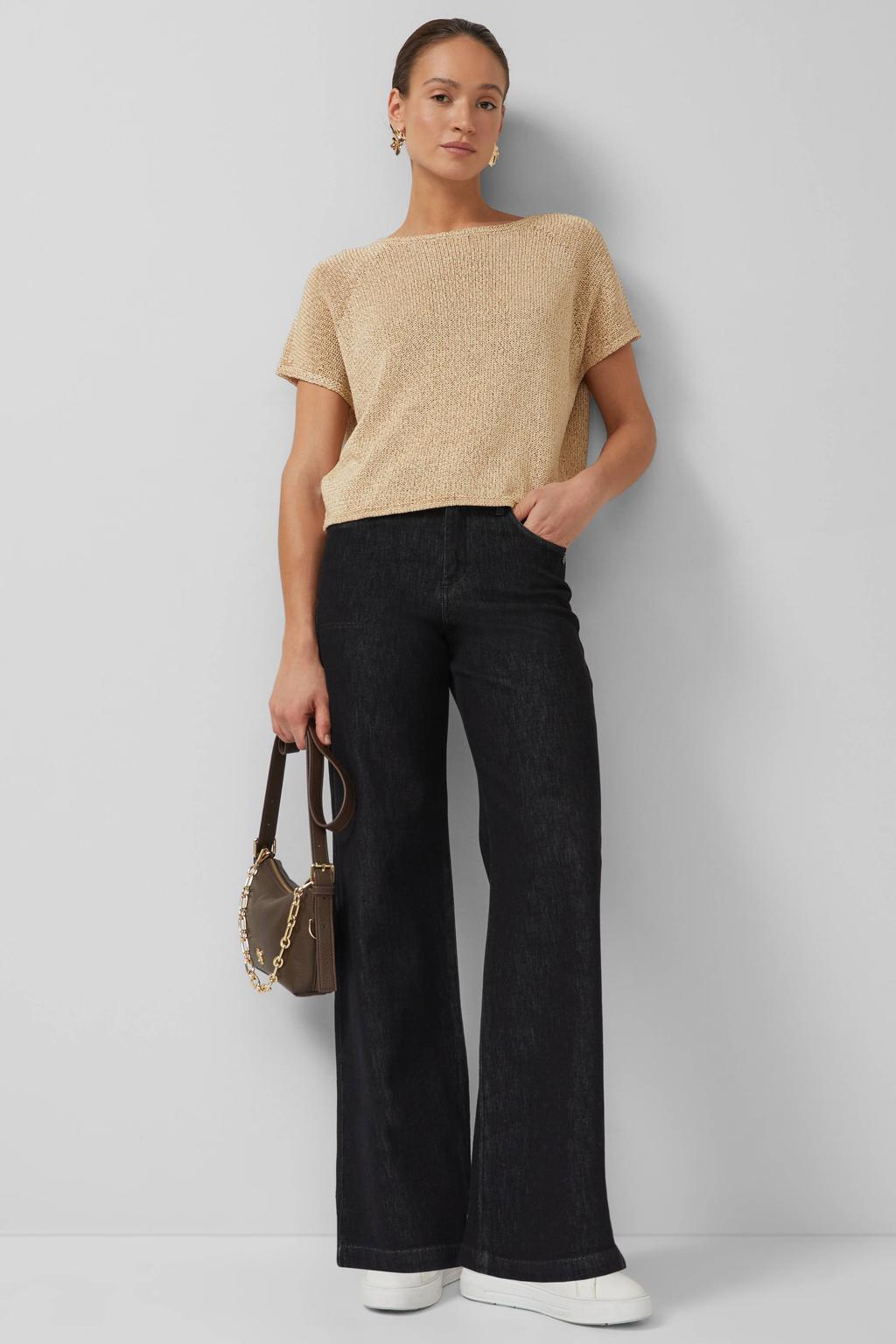 Beige dames s.Oliver BLACK LABEL pullover gebreid van acryl met effen, korte mouwen en ronde hals