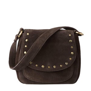 suede schoudertas met studs donkerbruin