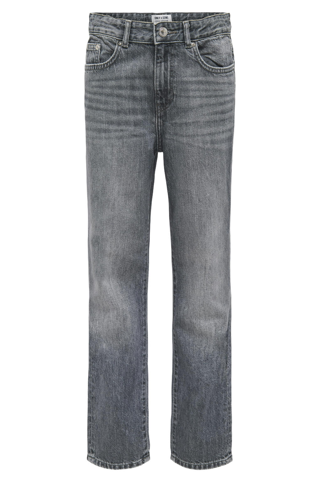 Grey denim jongens ONLY & SONS JUNIOR straight leg jeans van denim met rits- en knoopsluiting en effen