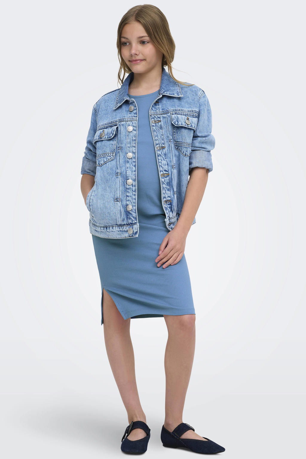 Blauwe meisjes KIDS ONLY GIRL zomerjurk van stretchkatoen met effen en ronde hals