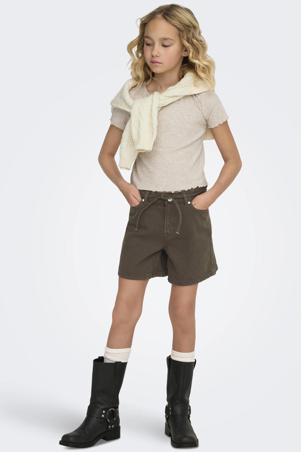 Grijze meisjes KIDS ONLY GIRL T-shirt rib gebreid van polyester met effen, korte mouwen en ronde hals