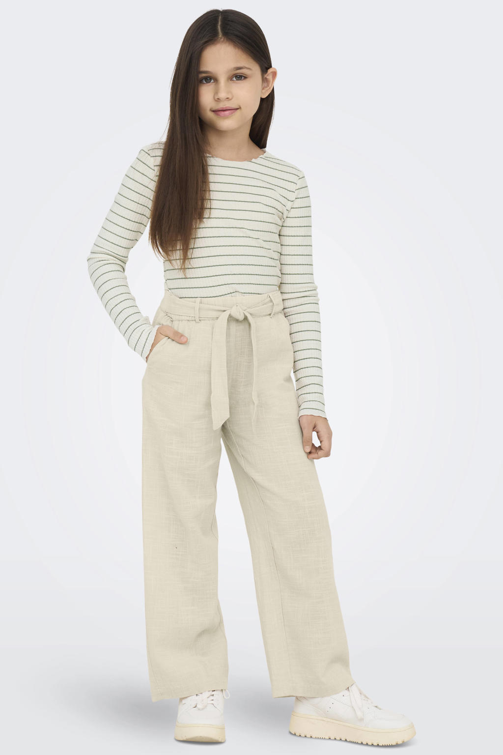 Ecru meisjes KIDS ONLY GIRL casual broek van katoen met loose fit, elastische tailleband en effen