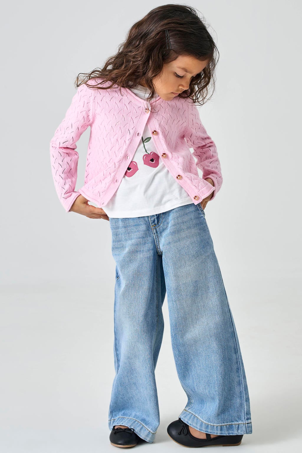 Roze meisjes KIDS ONLY MINI vest fijn gebreid van katoen met effen, lange mouwen, ronde hals en knoopsluiting