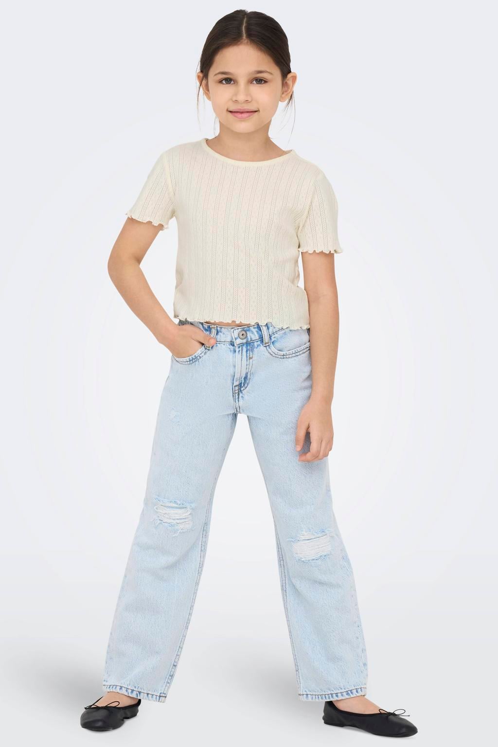 Witte meisjes KIDS ONLY GIRL T-shirt van katoen met effen, korte mouwen, ronde hals en golvende afwerking