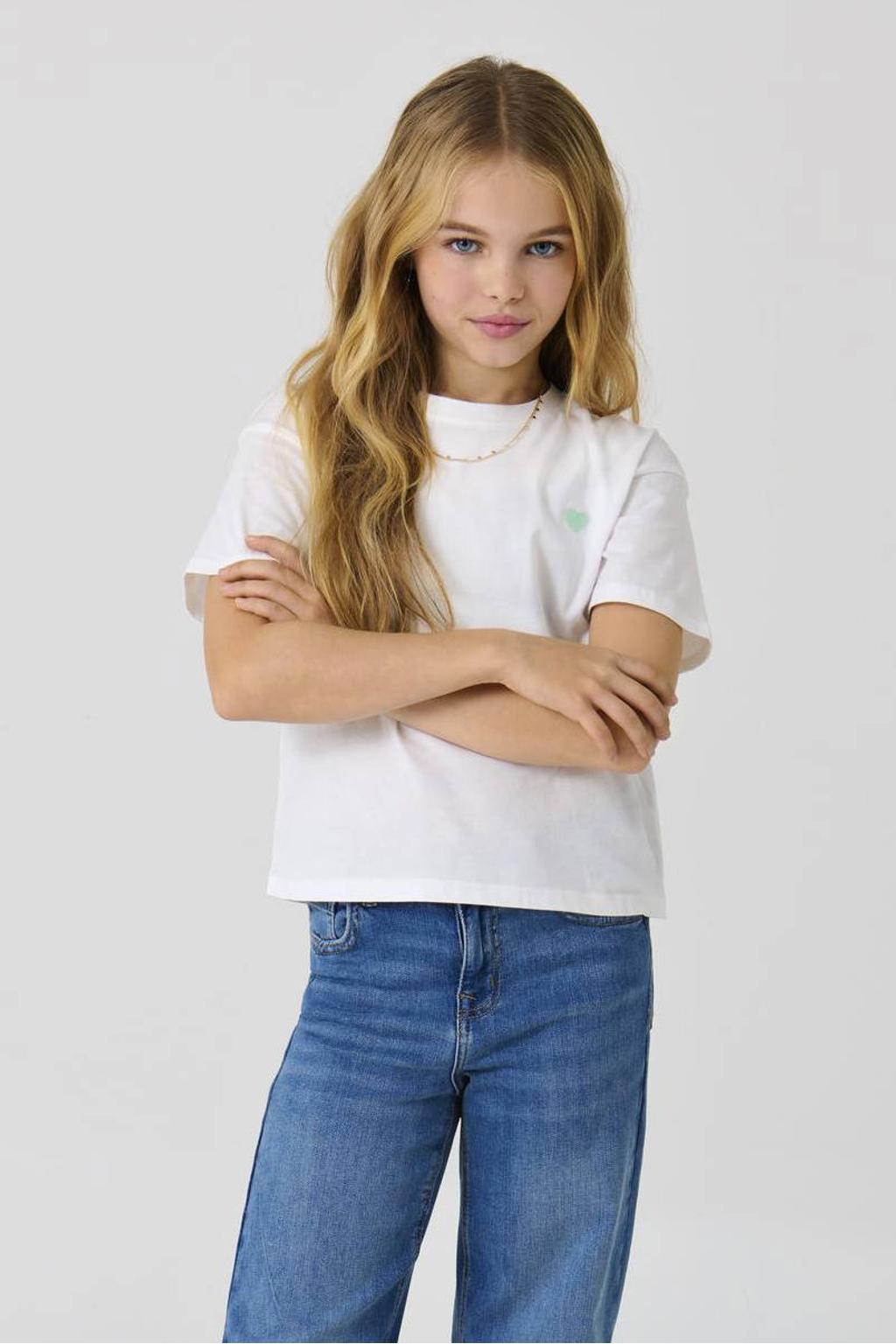 Wit en groene meisjes KIDS ONLY GIRL T-shirt van katoen met effen, korte mouwen en ronde hals