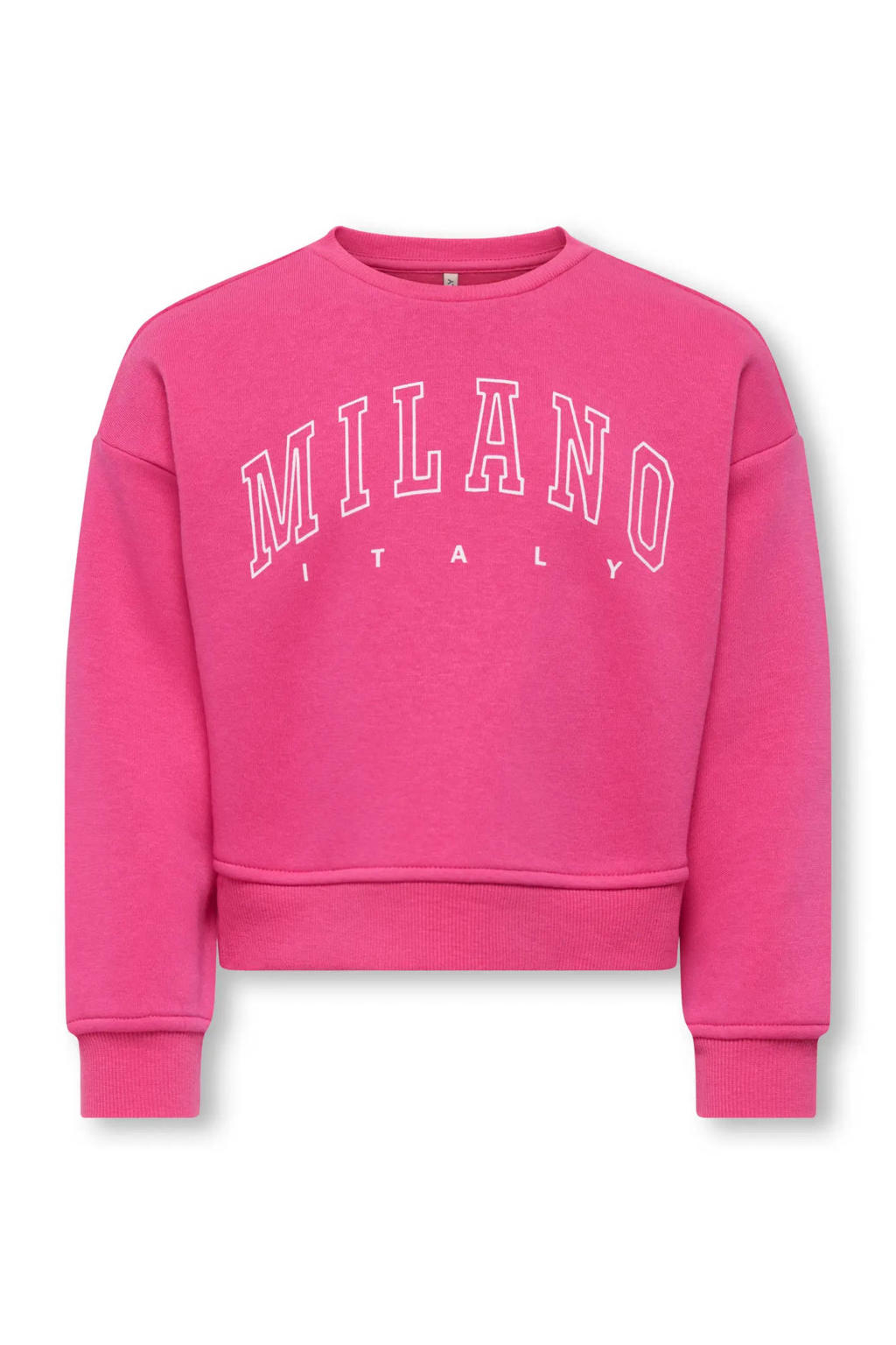 Roze meisjes KIDS ONLY MINI rechtvallende sweater met tekst print, lange mouwen, ronde hals en geribde boorden