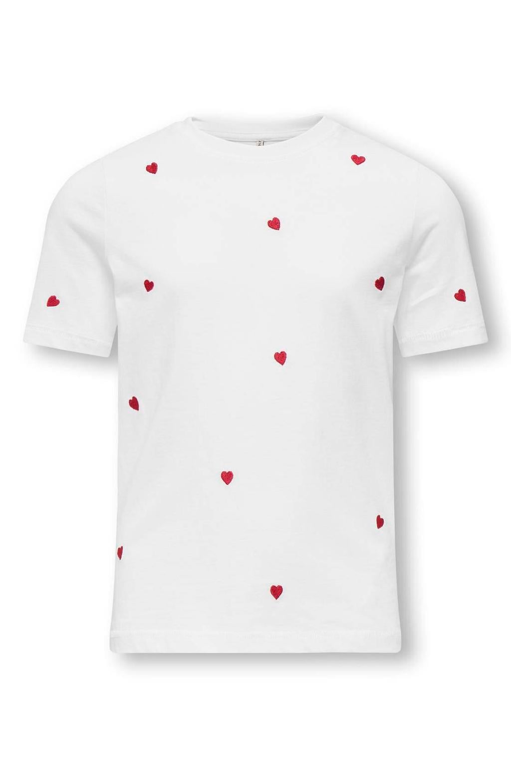 KIDS ONLY GIRL T-shirt met borduursels en hartjes - wit/rood