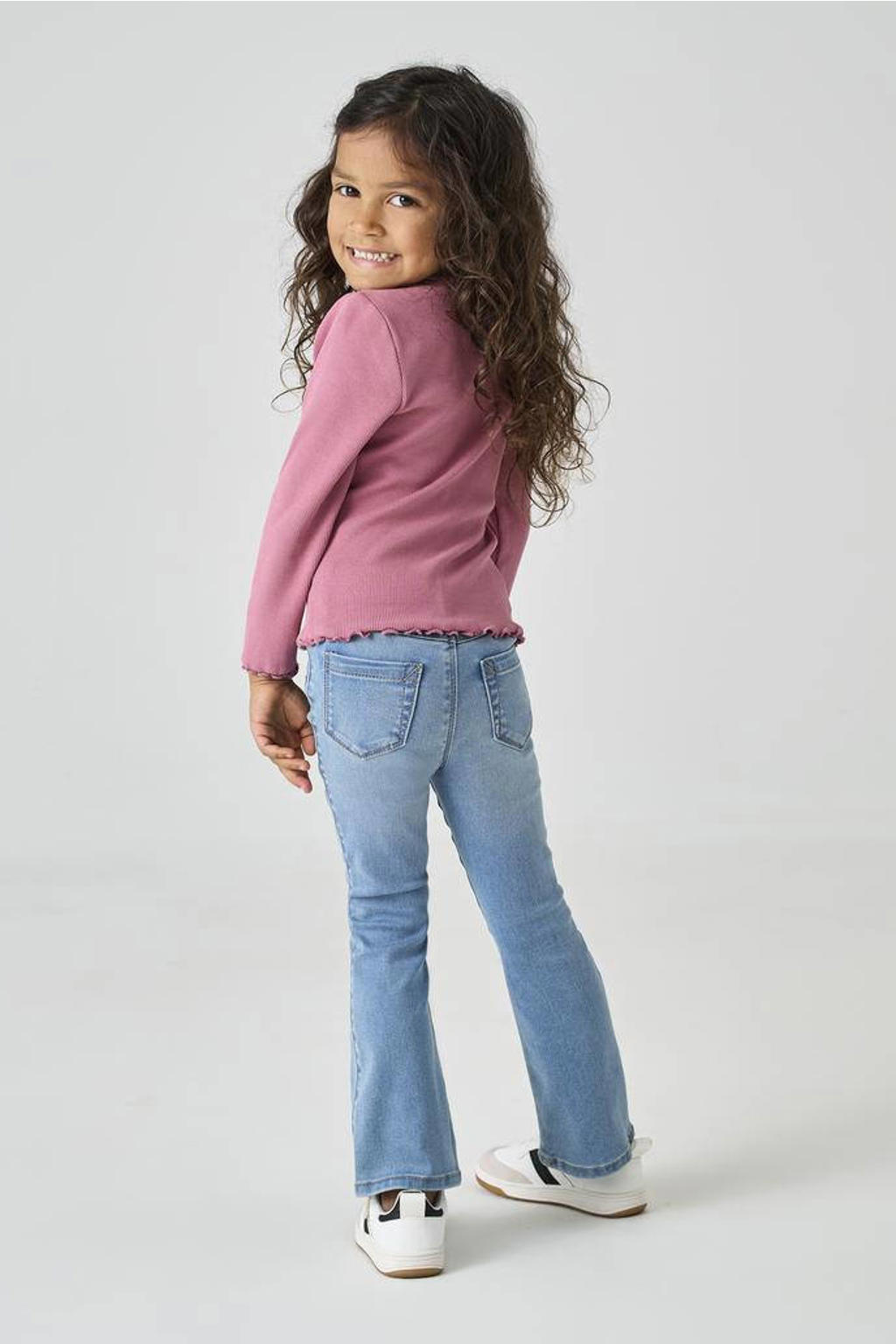 Light blue denim meisjes KIDS ONLY MINI flared jeans van stretchdenim met regular waist, rits- en knoopsluiting en effen