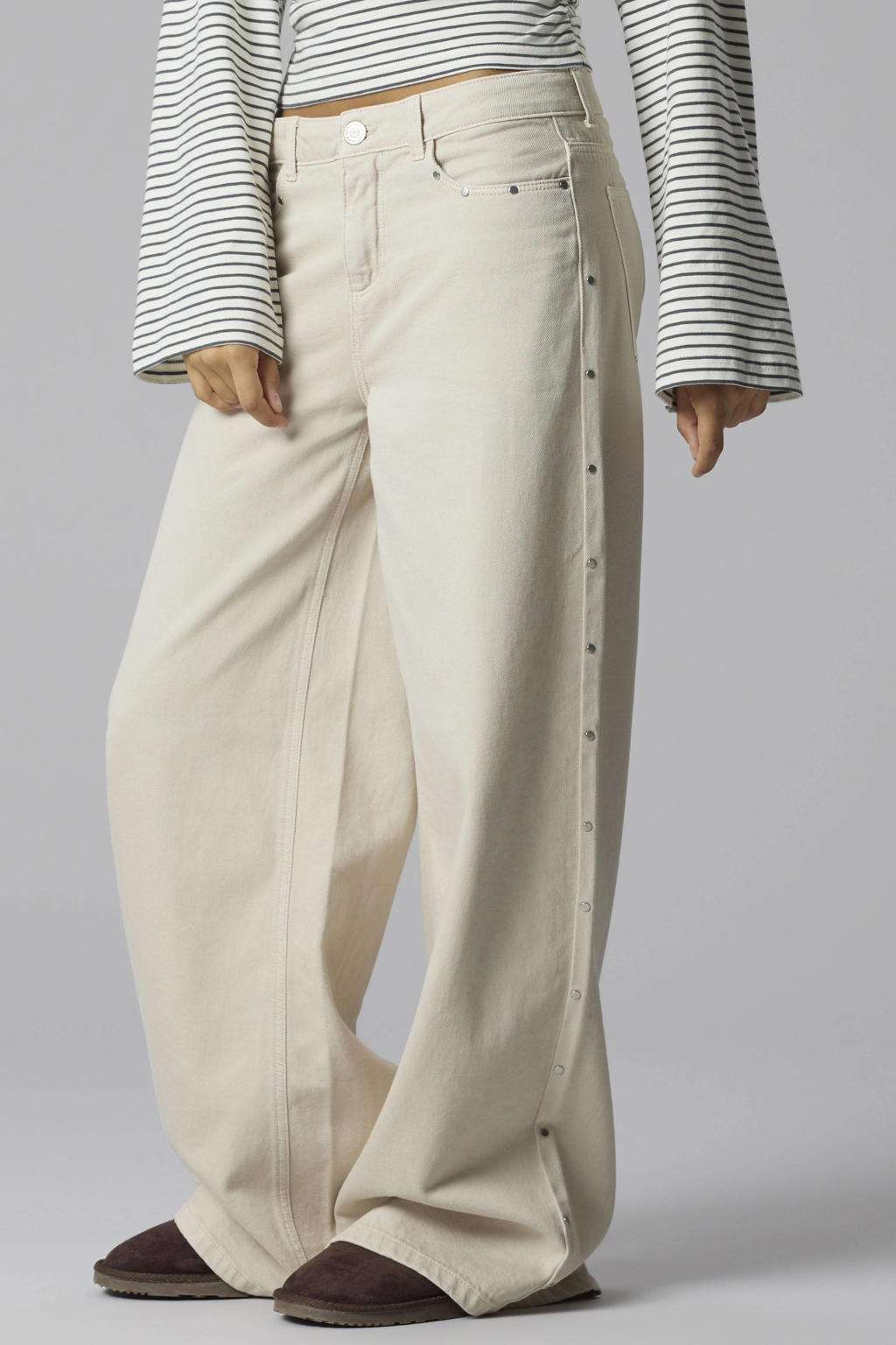 Beige meisjes LMTD wide leg jeans van katoen met rits- en knoopsluiting en effen