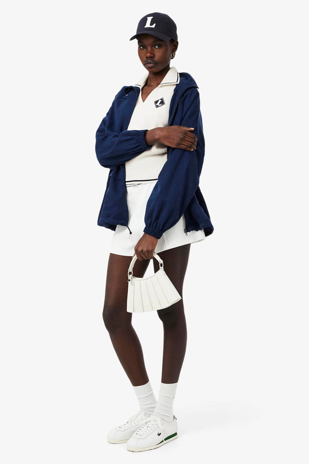 Ecru en donkerblauwe dames Lacoste T-shirt van katoen met effen, korte mouwen en V-hals