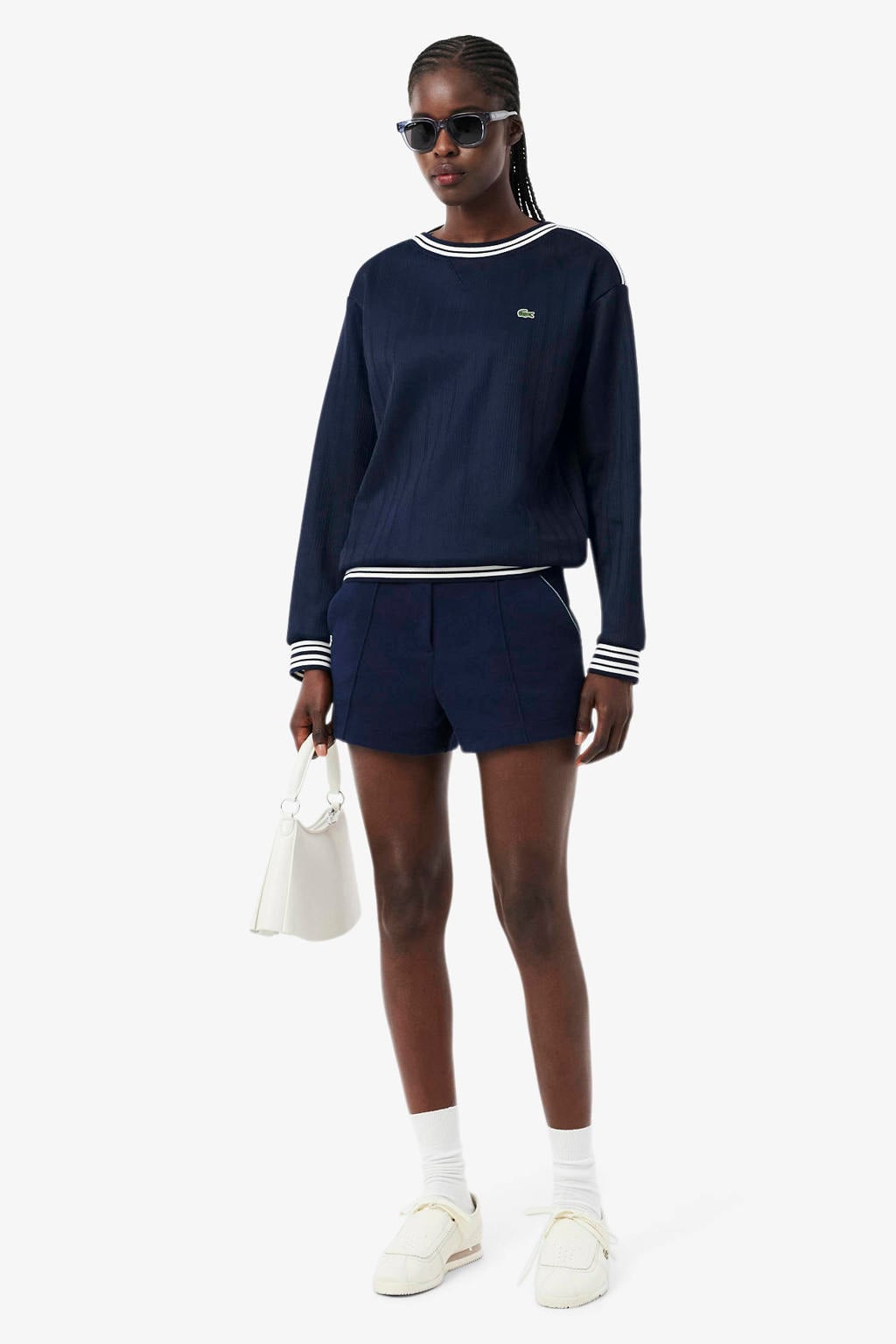 Donkerblauw en ecru dames Lacoste top van polyester met effen, lange mouwen en boothals