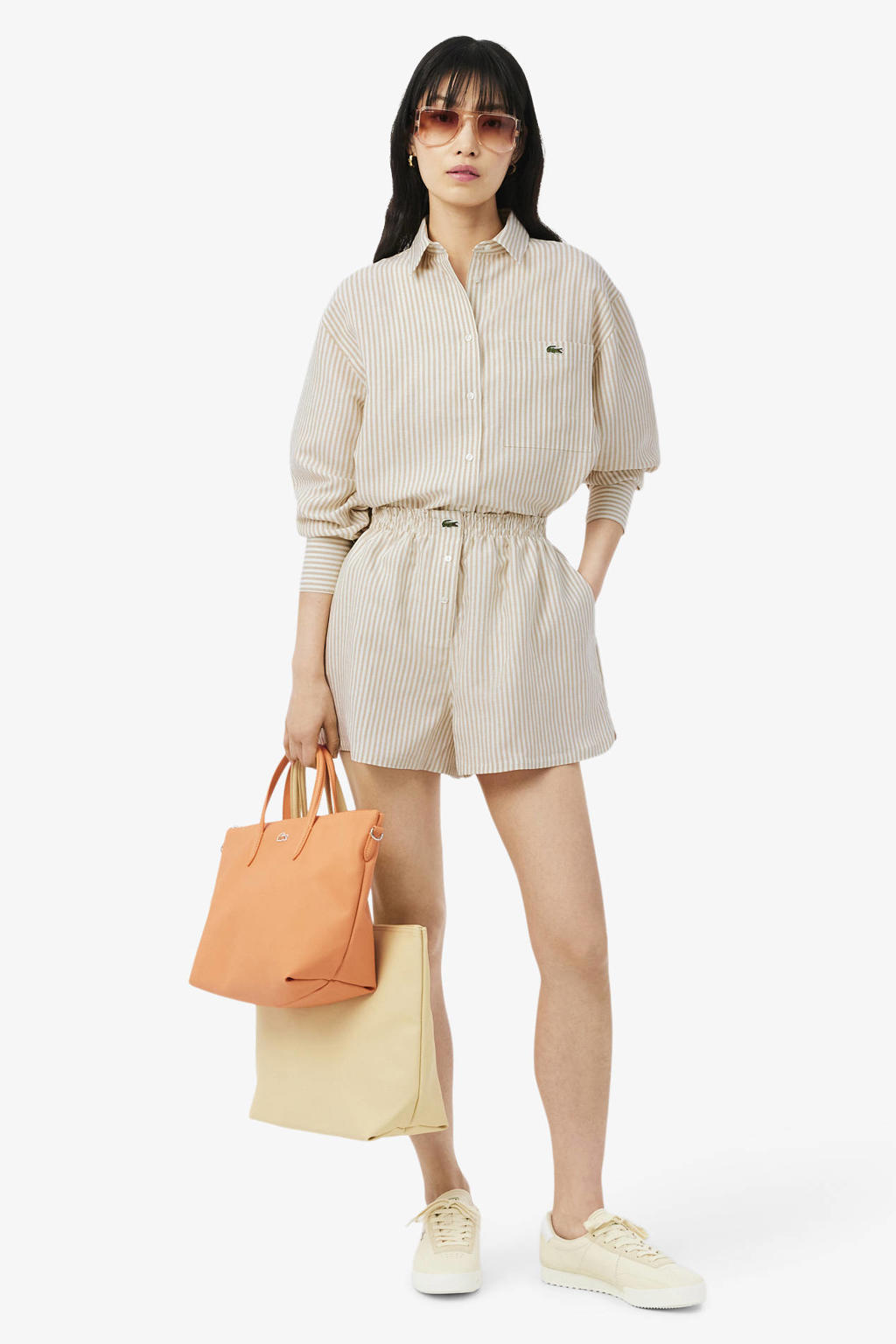 Camel en ecru dames Lacoste gestreepte blouse van linnen met lange mouwen, klassieke kraag en knoopsluiting