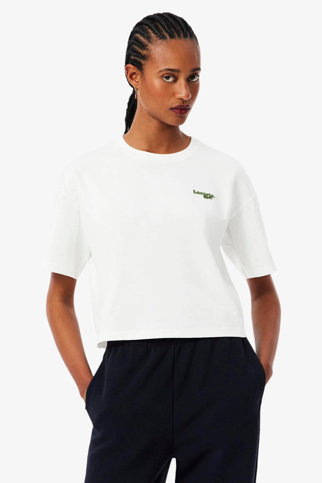 Ecru dames Lacoste T-shirt van katoen met logo dessin, korte mouwen en ronde hals
