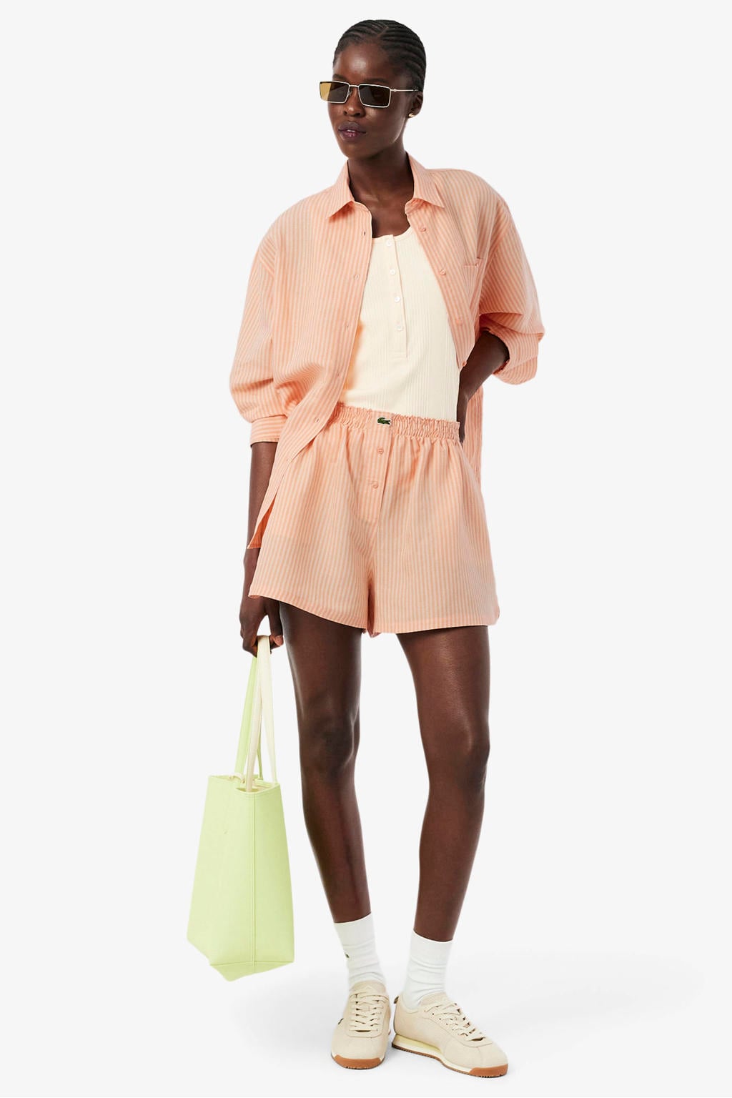 Oranje en ecru dames Lacoste gestreepte blouse van linnen met lange mouwen, klassieke kraag en knoopsluiting