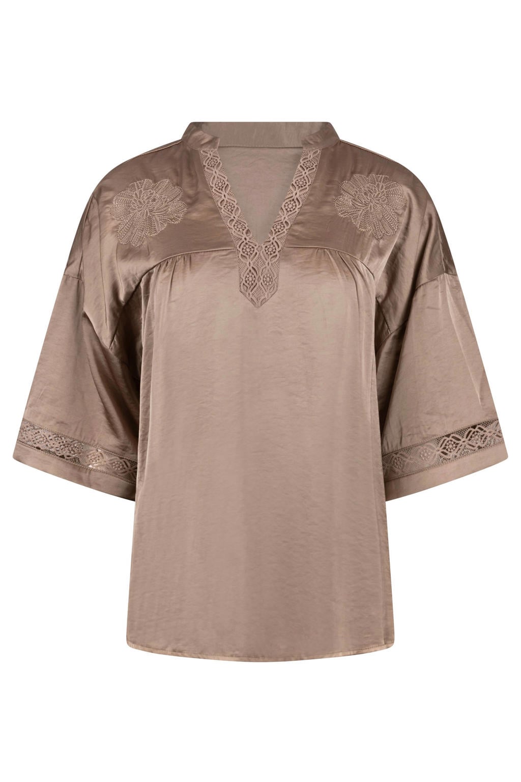 Bruine dames NUKUS top broderie van polyester met effen, half lange mouwen en V-hals