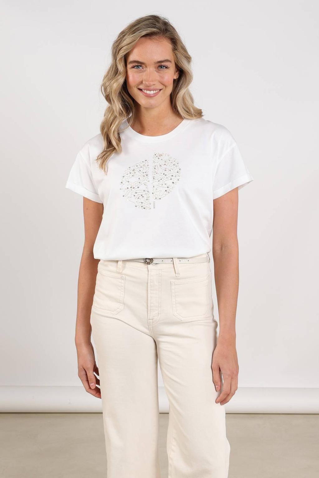 Ecru dames NUKUS T-shirt van katoen met grafische print, korte mouwen, ronde hals en pailletten