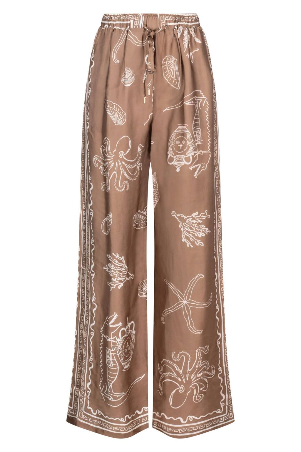 Bruin en ecru dames NUKUS wide leg high waist broek van rayon met elastische tailleband met koord en grafische print