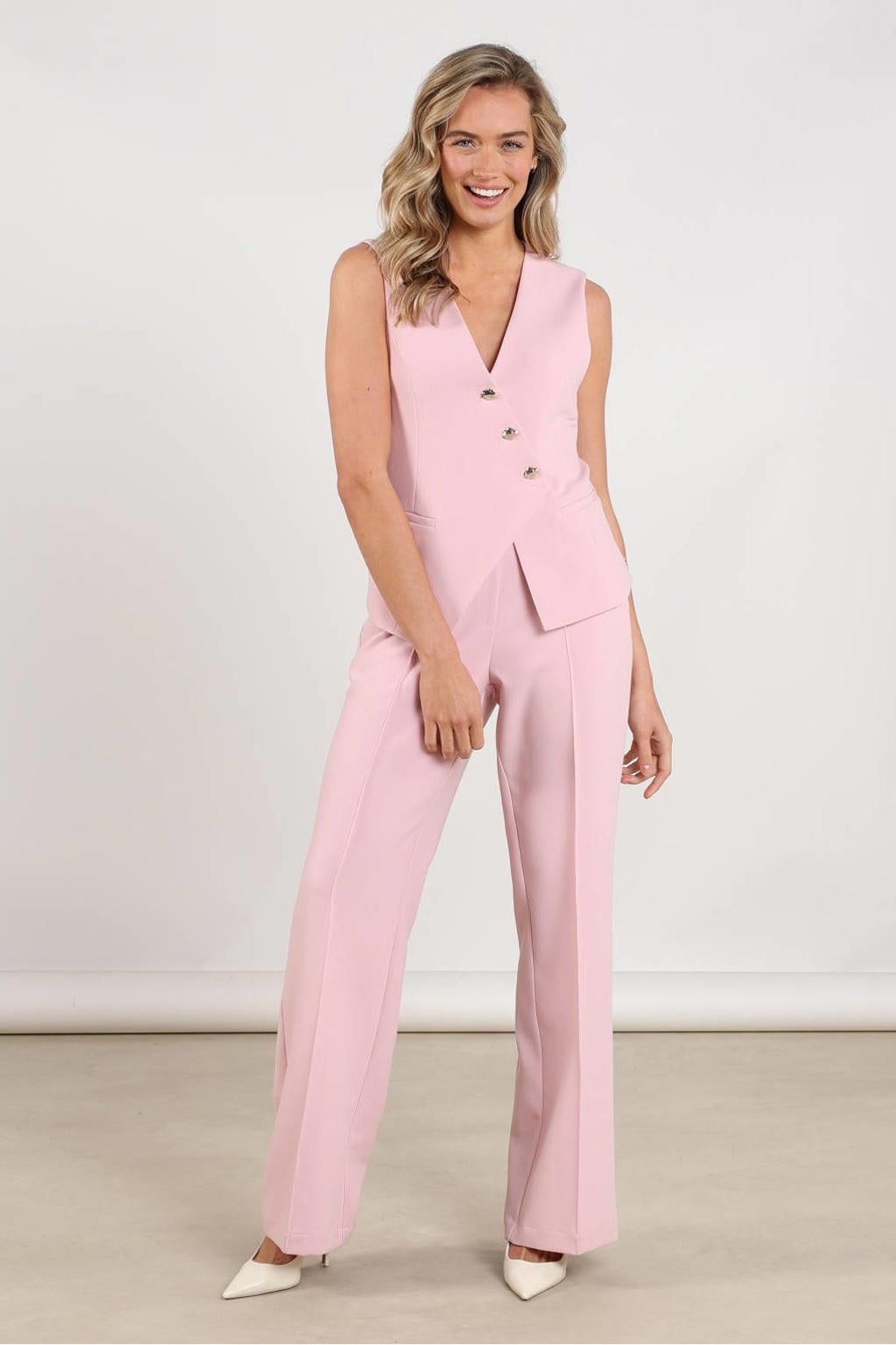 Roze dames NUKUS wide leg regular waist broek met elastische inzet en effen