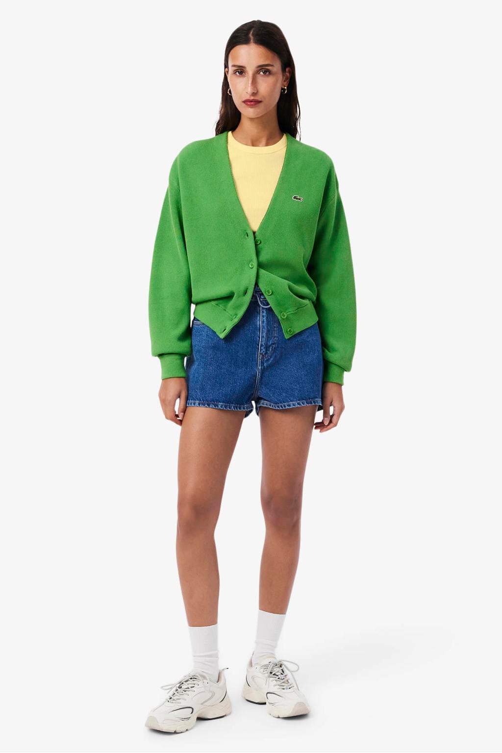 Gele dames Lacoste T-shirt rib gebreid van katoen met effen, korte mouwen en ronde hals