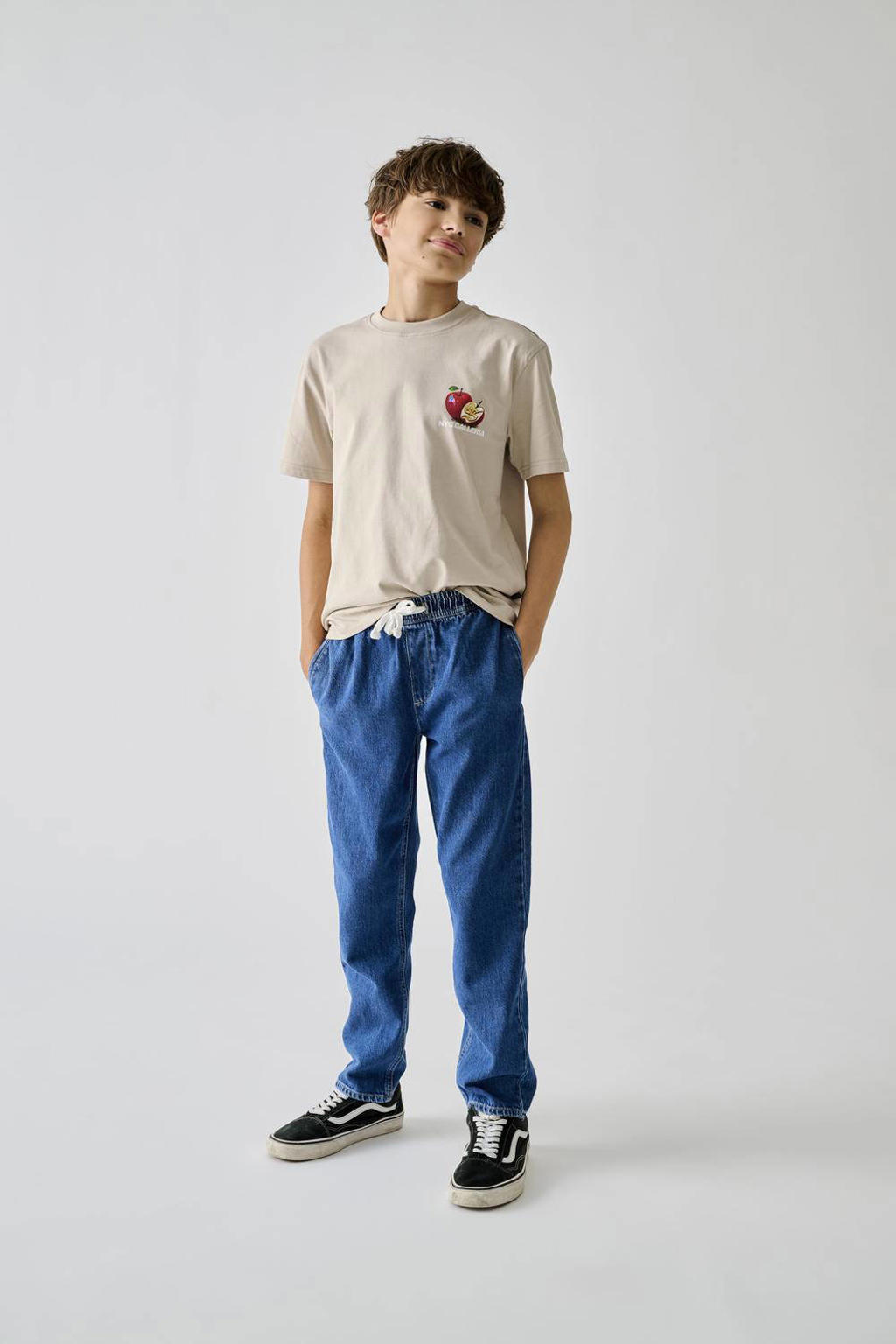 Beige jongens ONLY & SONS JUNIOR T-shirt van katoen met backprint, korte mouwen en ronde hals