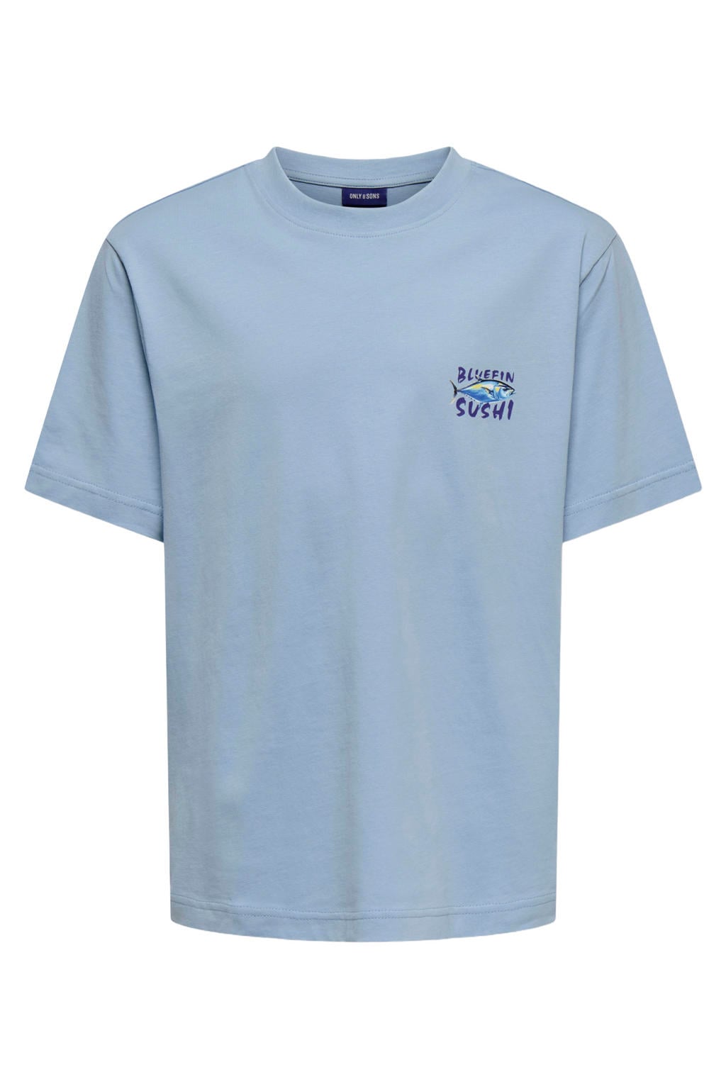 Blauwe jongens ONLY & SONS JUNIOR T-shirt van katoen met backprint, korte mouwen en ronde hals