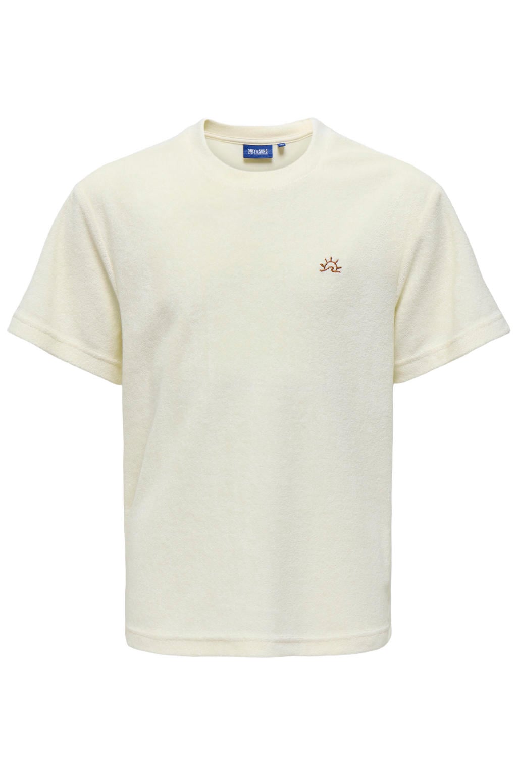 Ecru jongens ONLY & SONS JUNIOR T-shirt van badstof met effen, korte mouwen, ronde hals en borduursels