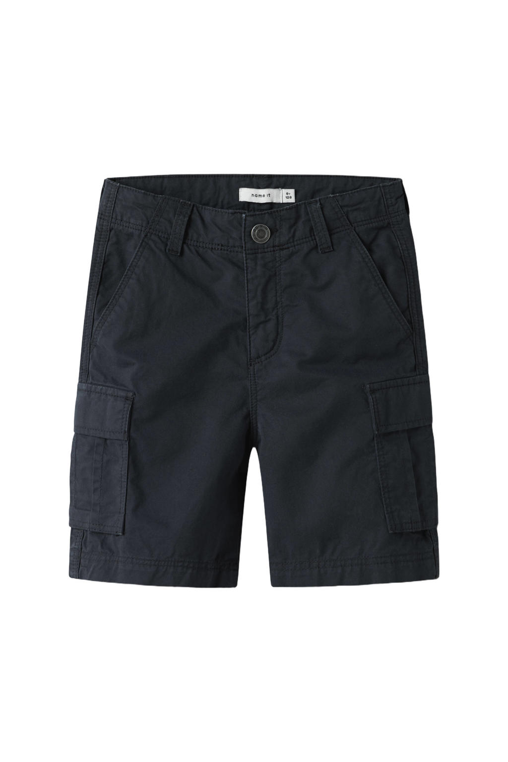 Donkerblauwe jongens NAME IT KIDS straight cargo short van stretchkatoen met rits- en knoopsluiting en effen