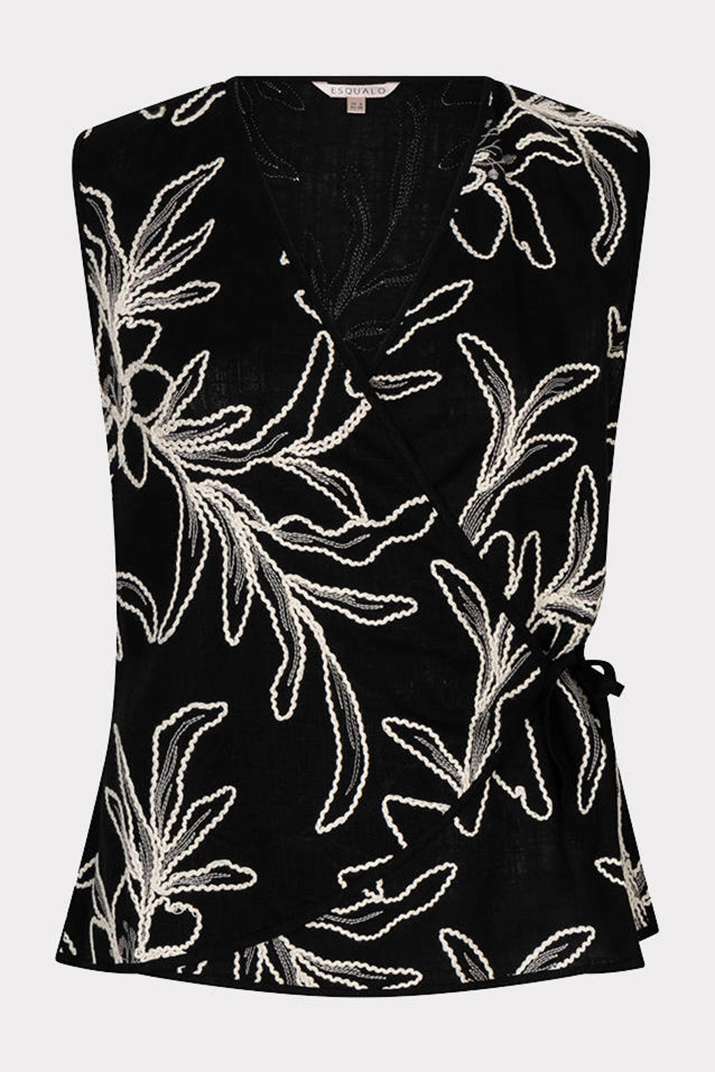 Zwart en ecru dames Esqualo top van viscose met bladprint, V-hals en omslagdetail