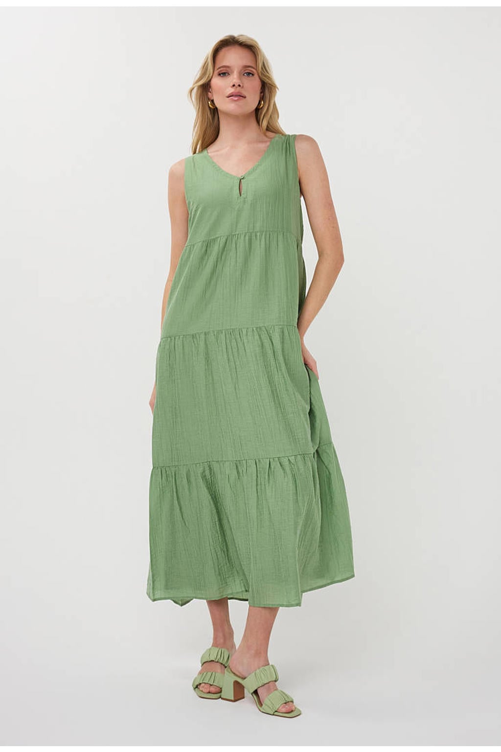 Groene dames Esqualo midi jurk van lyocell met effen, V-hals en knoopsluiting