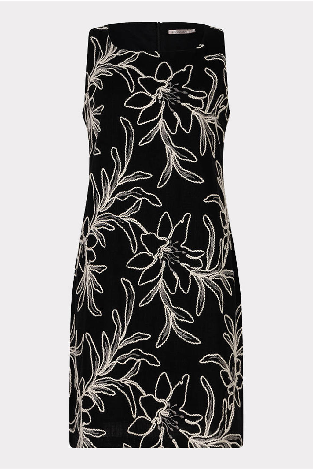 Zwart en ecru dames Esqualo mini jurk van viscose met bladprint, ronde hals en ritssluiting