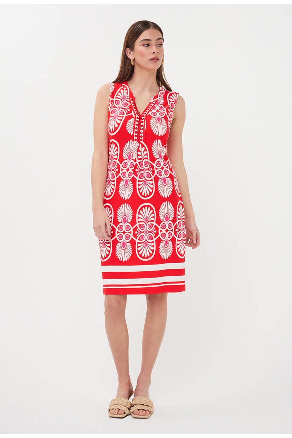 Rood en ecru dames Esqualo midi jurk van viscose met grafische print en V-hals