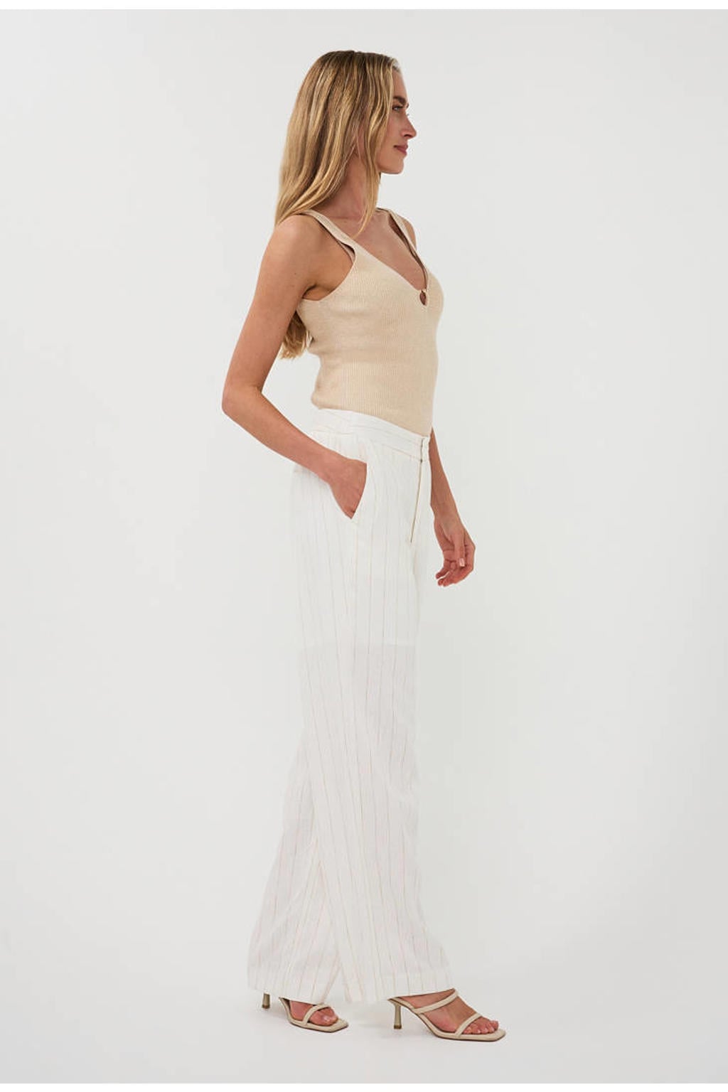 Witte dames Esqualo straight regular waist gestreepte broek van linnen met rits, haak- en knoopsluiting