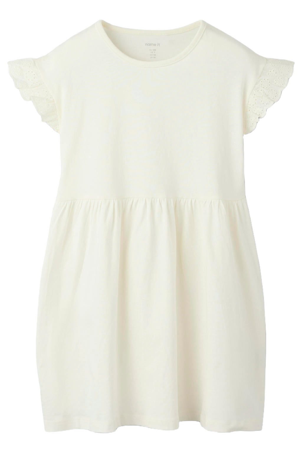 Ecru meisjes NAME IT KIDS midi jurk broderie van katoen met effen, korte mouwen en ronde hals