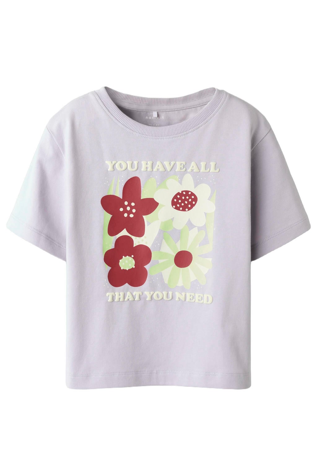Lilakleurige meisjes NAME IT MINI T-shirt van katoen met printopdruk, korte mouwen en ronde hals