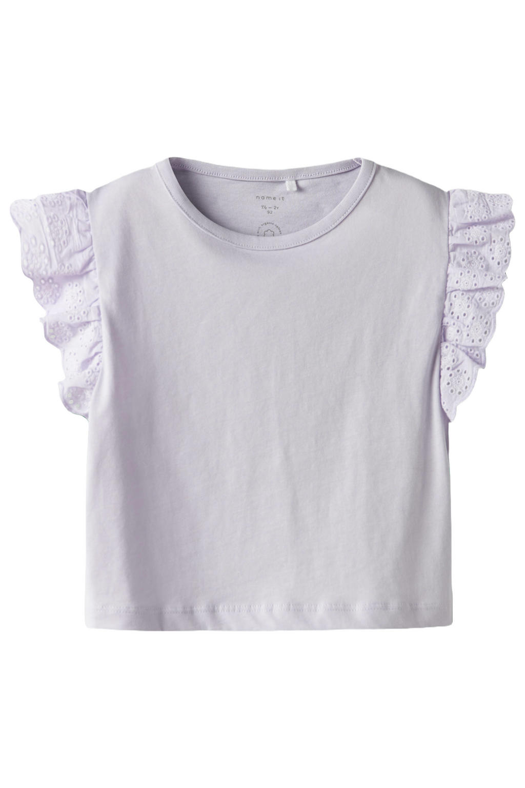 Lilakleurige meisjes NAME IT MINI T-shirt van katoen met effen, korte mouwen, ronde hals en borduursels