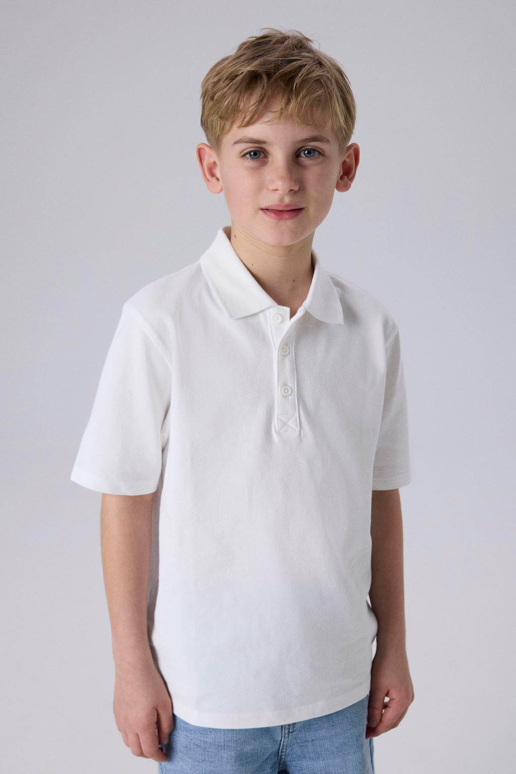 Witte jongens NAME IT KIDS polo van katoen met effen, korte mouwen, knoopsluiting en gebreide details