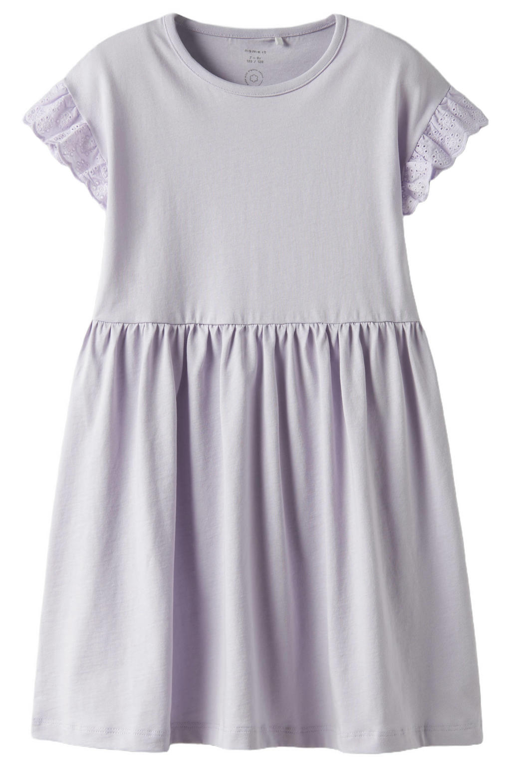 Lilakleurige meisjes NAME IT KIDS midi jurk broderie van katoen met effen, korte mouwen en ronde hals