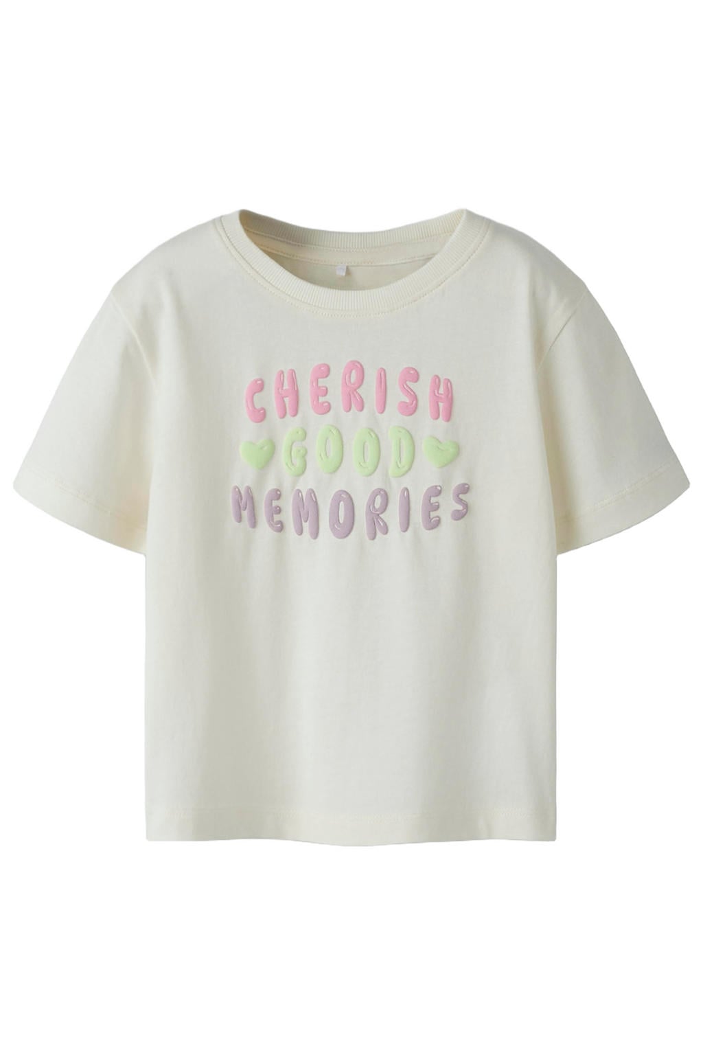 Ecru meisjes NAME IT MINI T-shirt van katoen met tekst print, korte mouwen en ronde hals