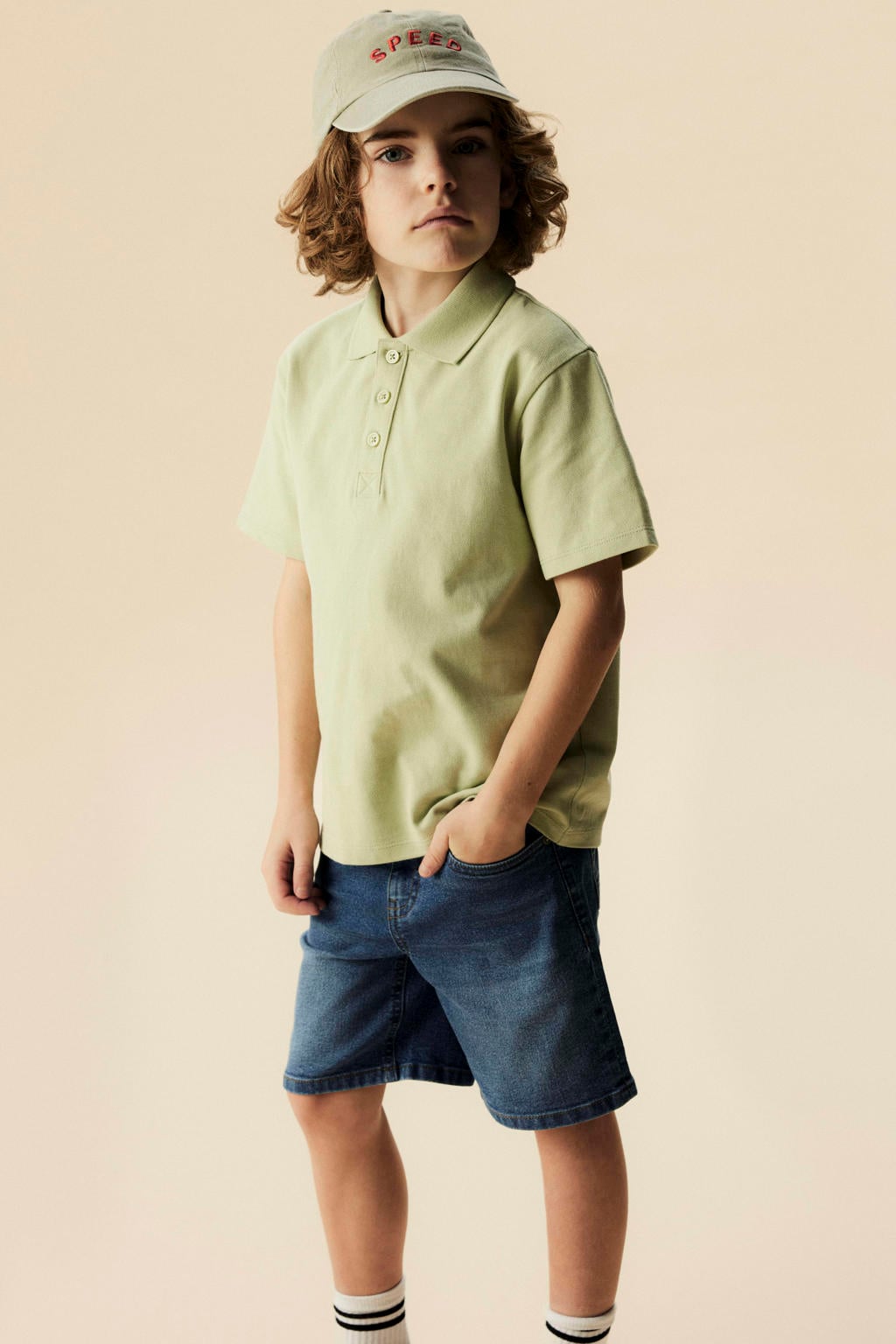 Groene jongens NAME IT KIDS polo van katoen met effen, korte mouwen, knoopsluiting en gebreide details