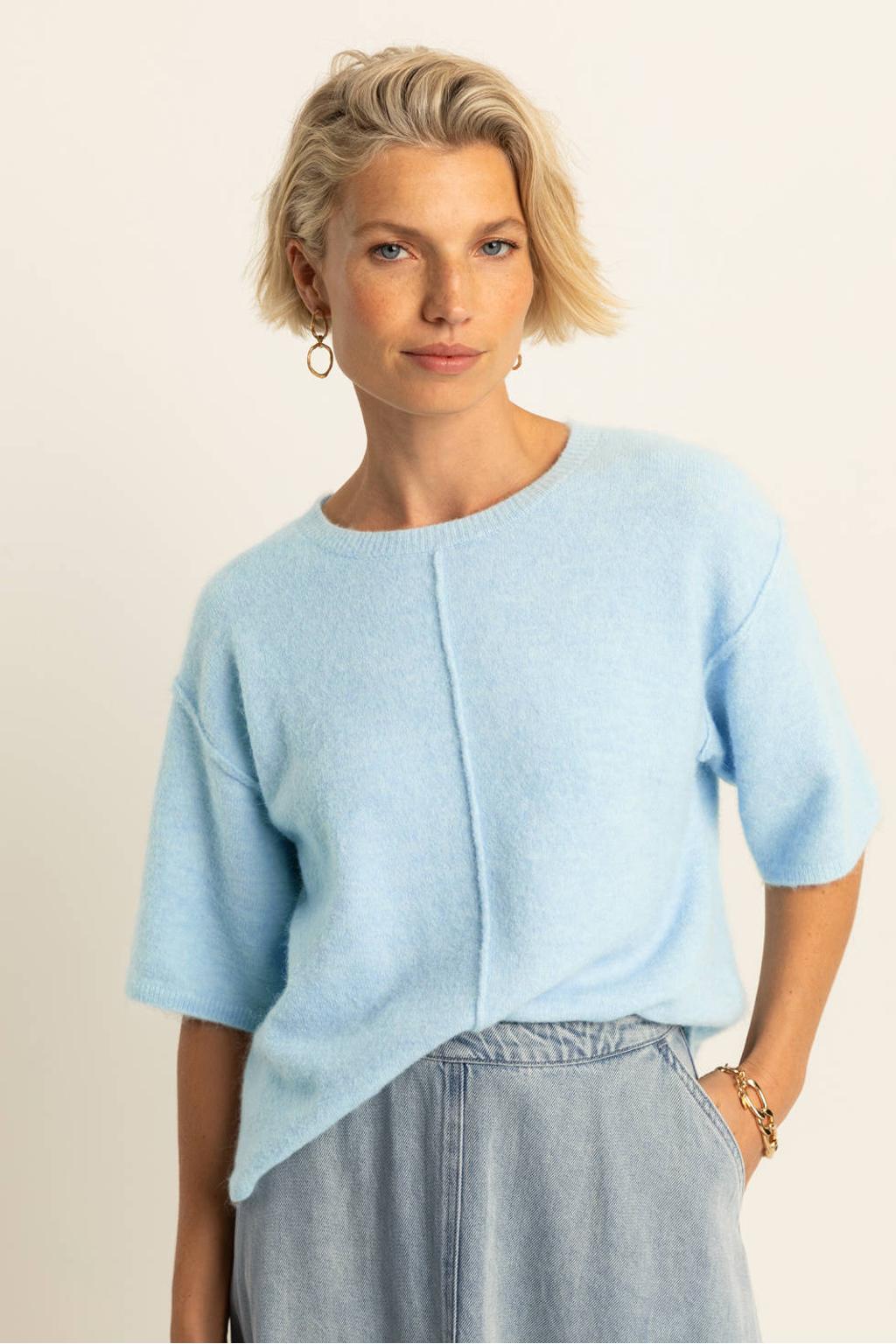 Lichtblauwe dames Expresso pullover van polyamide met effen, korte mouwen, ronde hals en gebreide details