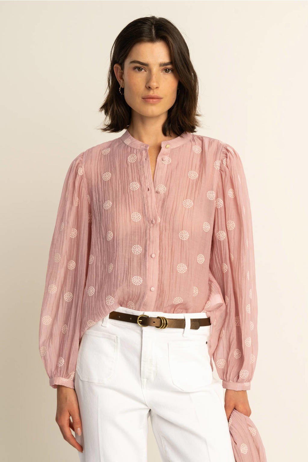 Lichtroze en witte dames Expresso blouse broderie van katoen met lange mouwen, mao kraag en knoopsluiting