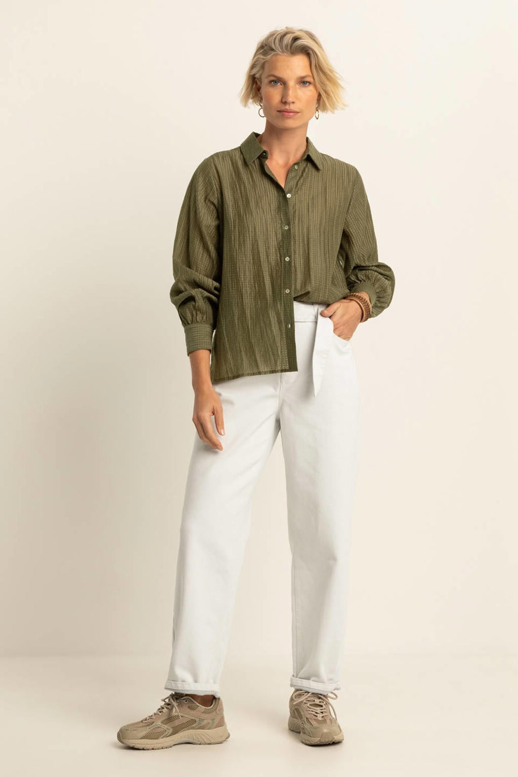 Olijfgroene dames Expresso blouse van polyamide met effen, lange mouwen, klassieke kraag, knoopsluiting en geweven detail