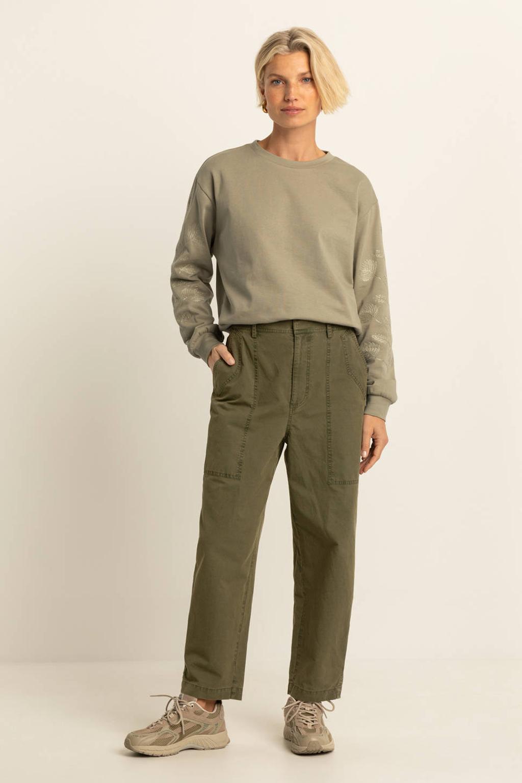 Olijfgroene dames Expresso high waist casual broek van katoen met loose fit, rits, haak- en knoopsluiting en effen