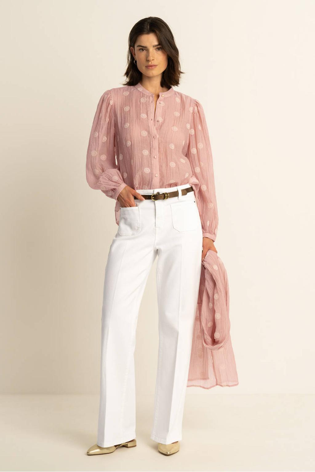 Witte dames Expresso high waist flared jeans van corduroy met rits- en knoopsluiting en effen